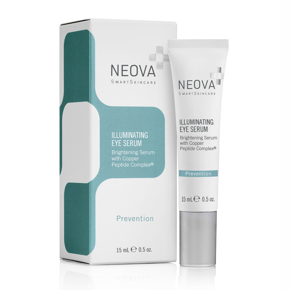 Neova Illuminating Eye Serum packaging—innovative eye care for tired, aging, or pigmented under-eyes.