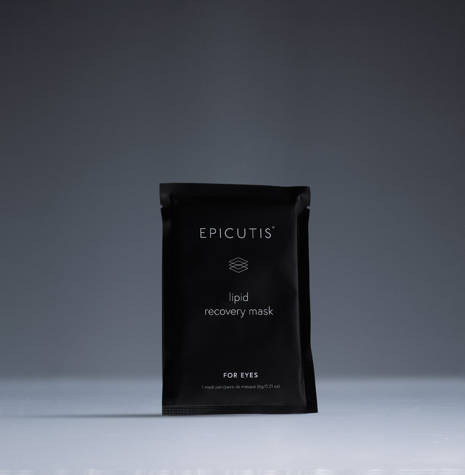 Black Epicutis lipid recovery mask packaging on a gray background