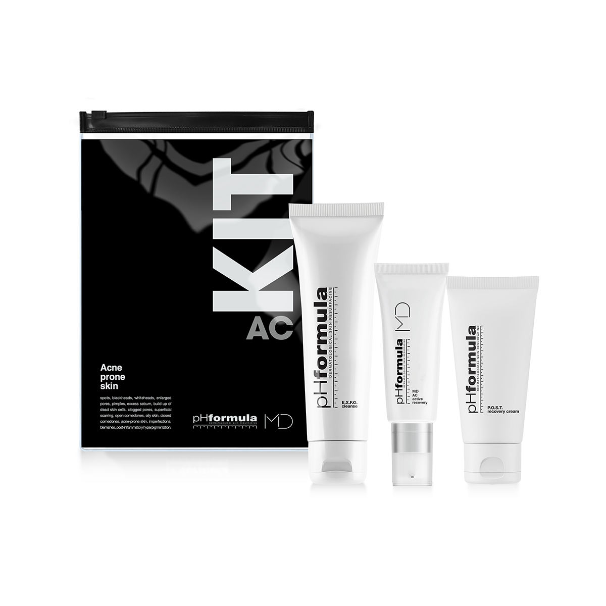 pHformula MD AC homecare skincare kit with black and white packaging on a white background