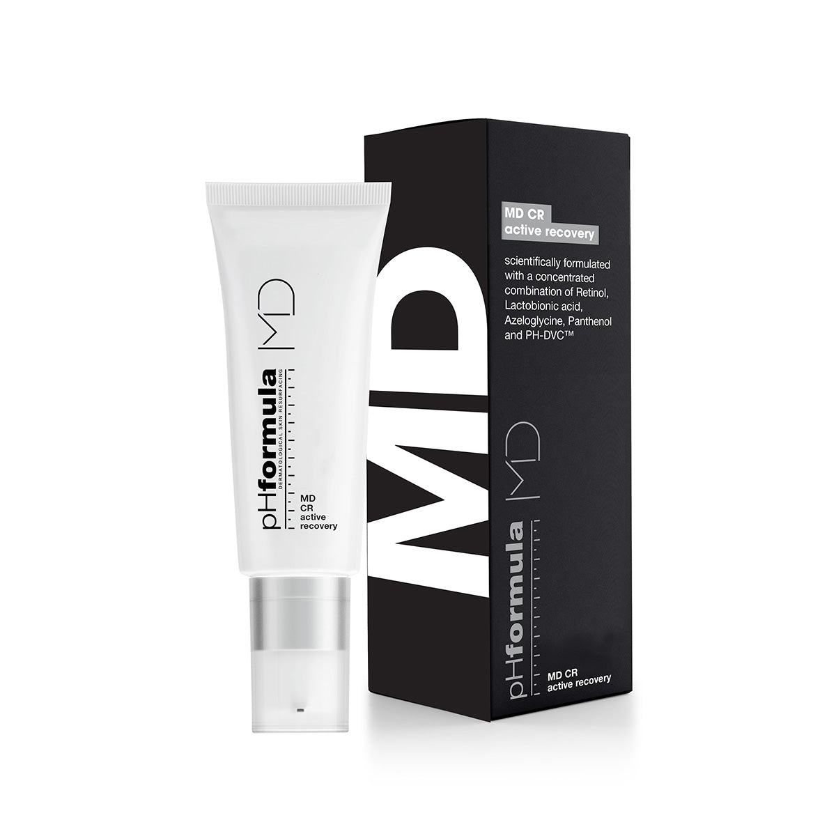 pHformula MD CR Active Recovery bottle and black box with MD on top, on a clean background, calming serum for redness-prone and sensitive skin.
