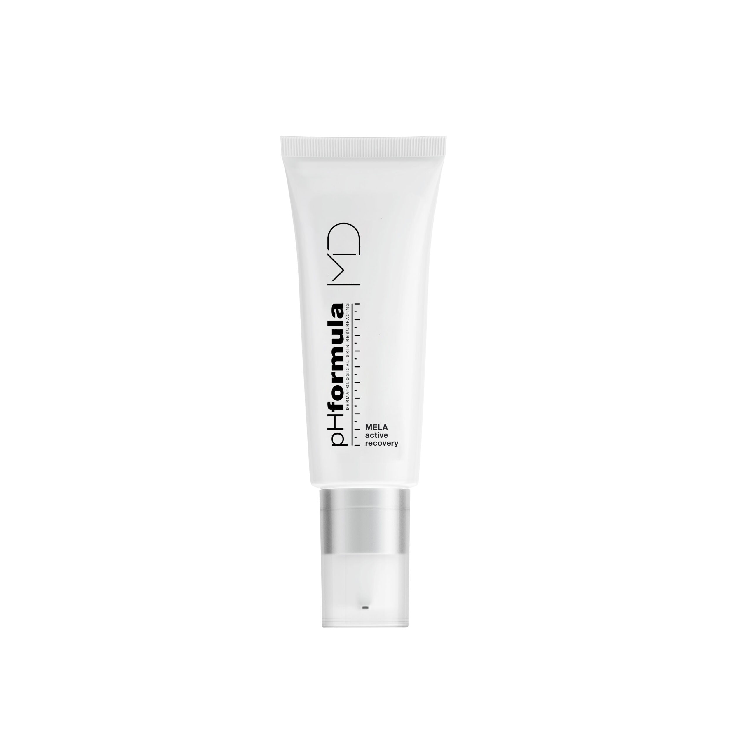 A white squeeze tube of MD pH-formula Mela ACTIVE Recovery Serum with a clear cap, centered on a plain white background.