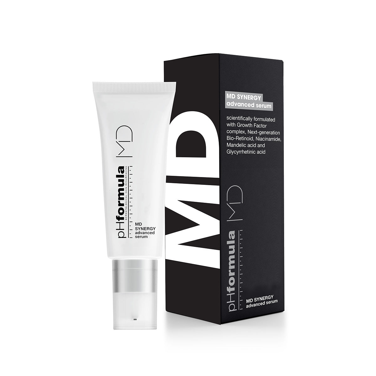 pHformula MD Synergy advanced serum with packaging on a white background