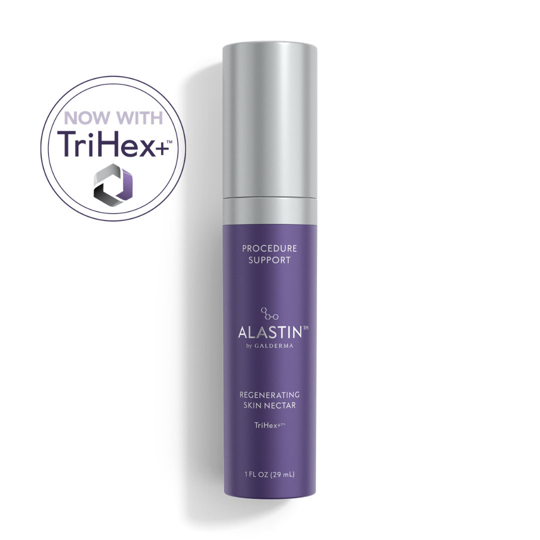 A bottle of Alastin by Galderma Regenerating Skin Nectar Procedure Support on a white background with a TriHex+ badge overlay.