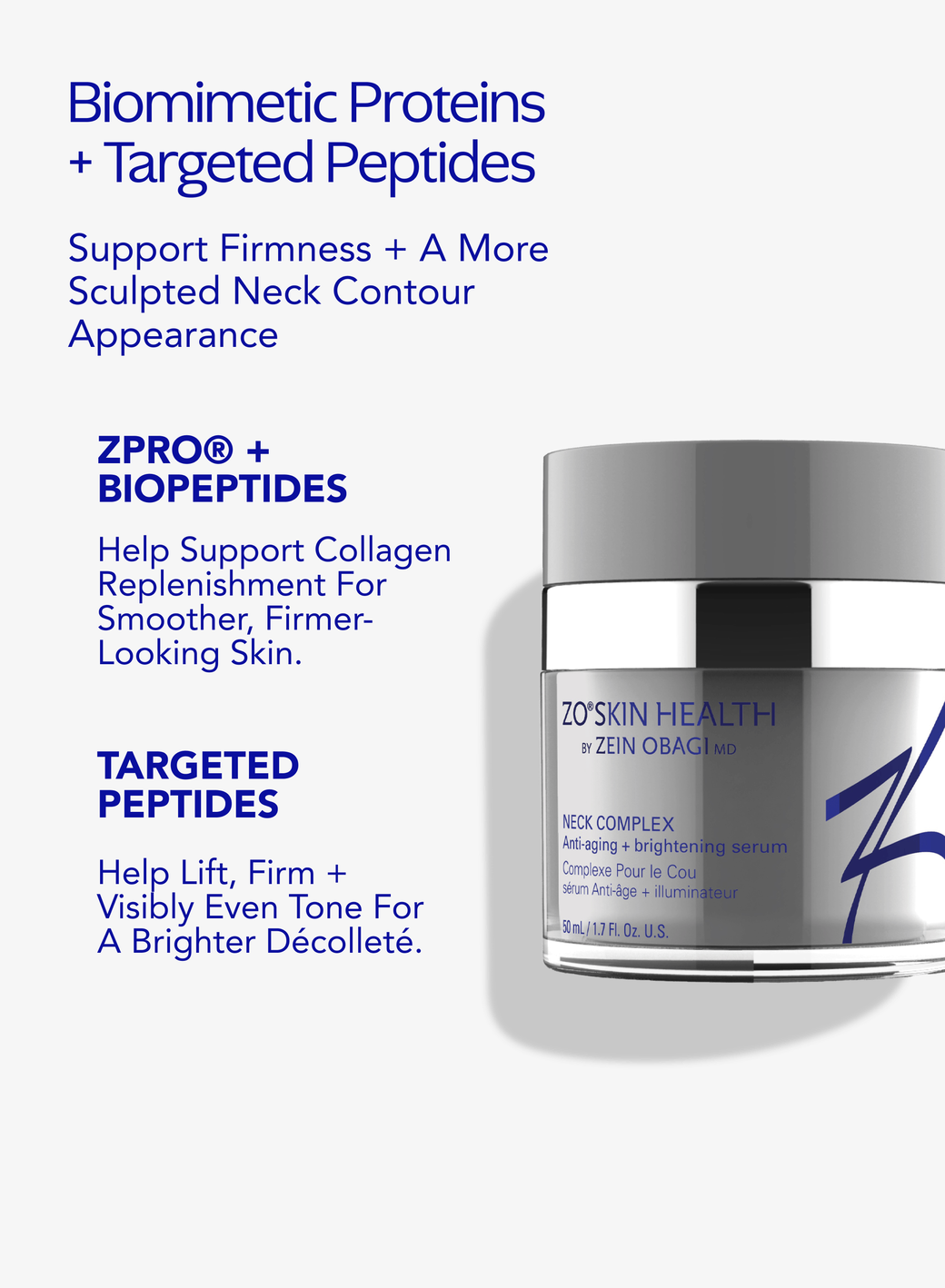 Zo Skin Health Neck Complex cream with text about biomimetic proteins, targeted peptides, and collagen replacement.