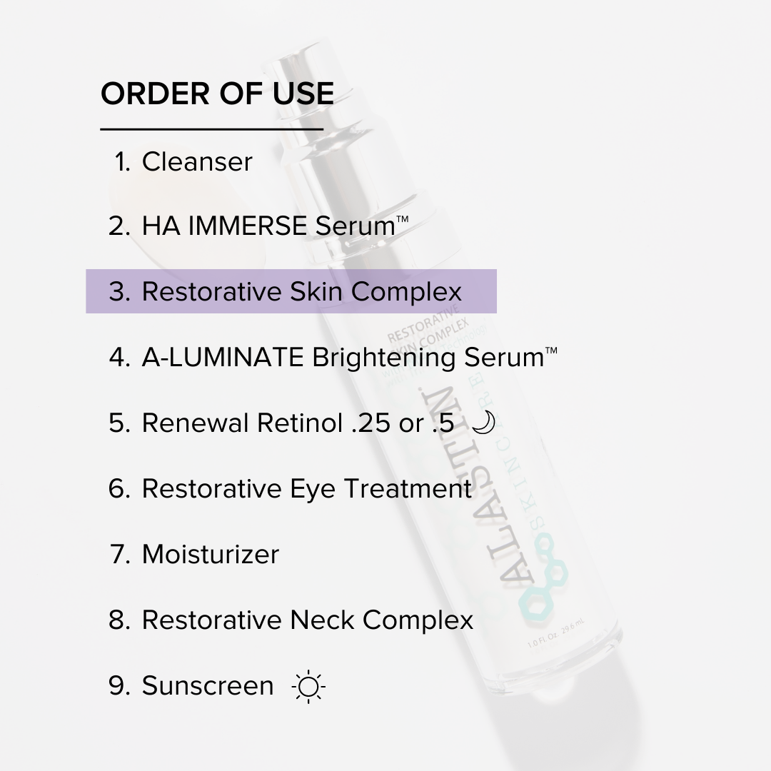 Restorative Skin Complex as part of an Alastin TriHex routine, placed between cleanser, moisturiser and SPF in an anti-aging regimen.