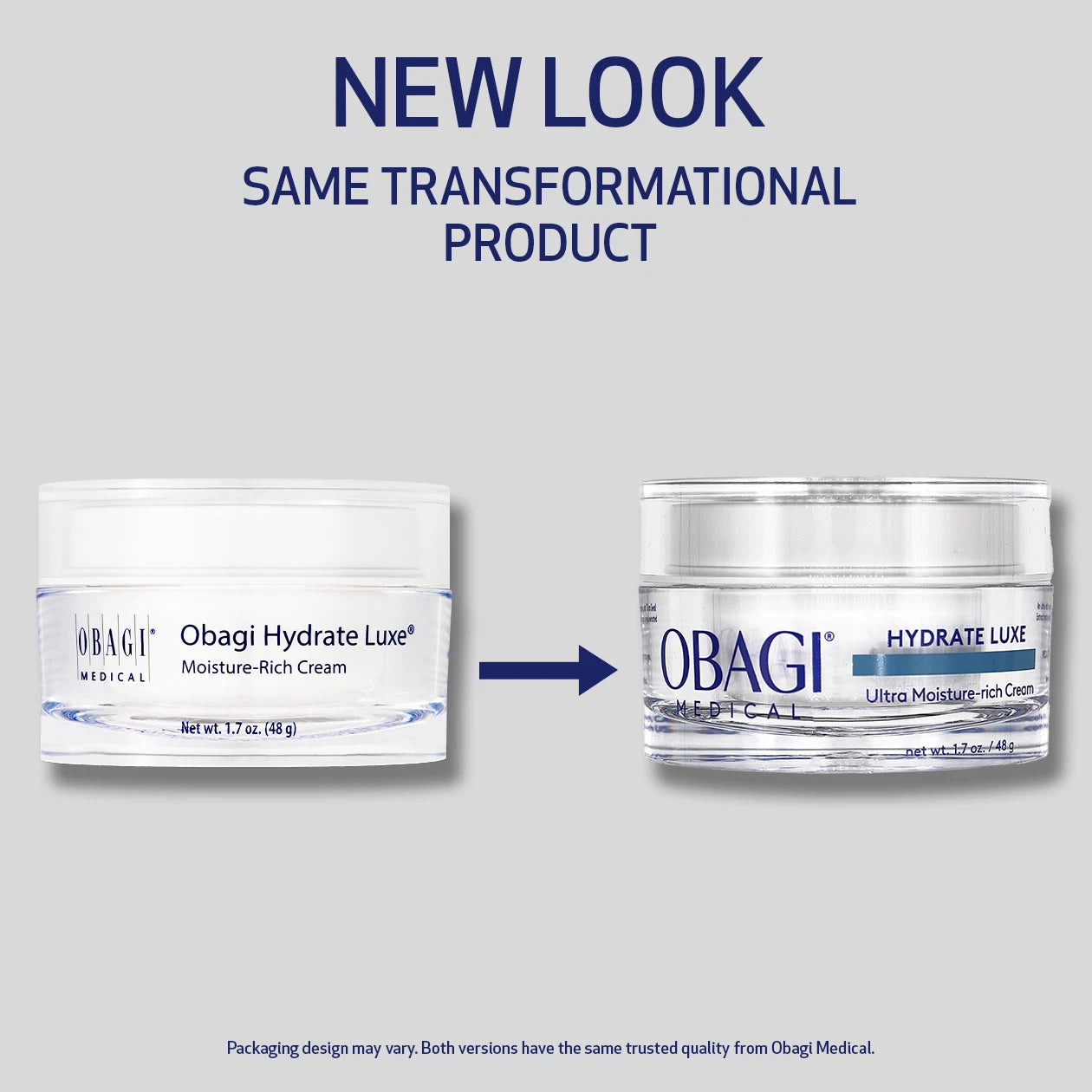 New Obagi Hydrate Luxe packaging with updated jar design, luxury overnight hydration cream.