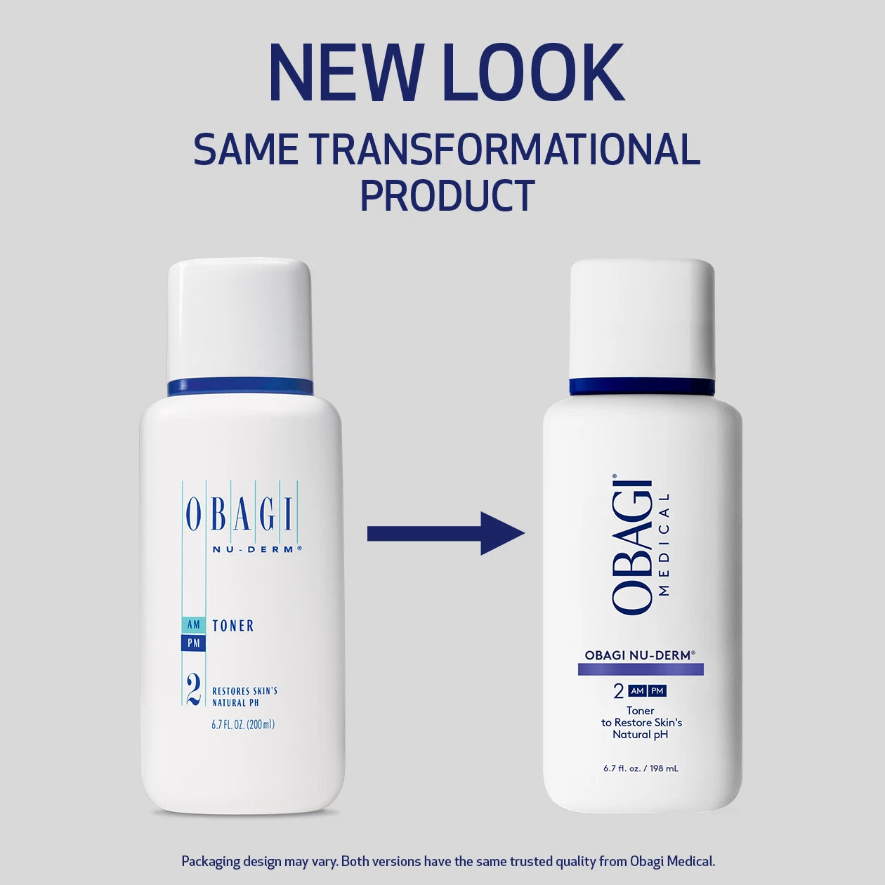 New Obagi Nu-Derm Toner packaging with updated clinical blue and white bottle design, professional skincare for pigmentation and ageing concerns.
