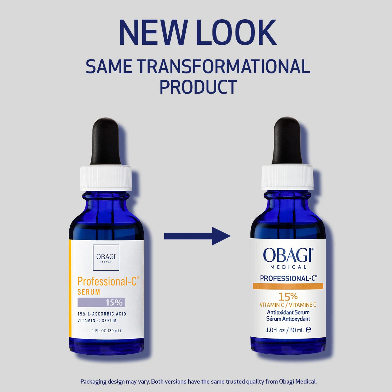 New Obagi Professional-C 15% Serum packaging with updated clinical bottle design, premium high-potency antioxidant serum for photodamage and ageing concerns.