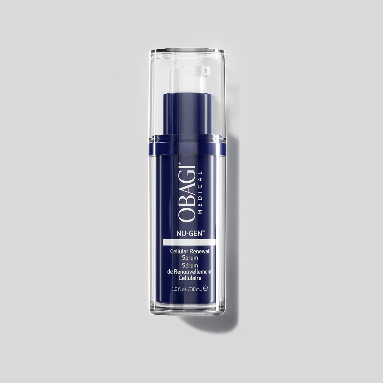 Obagi Nu-Gen Cellular Renewal Serum bottle with airless pump for advanced anti-aging skincare.