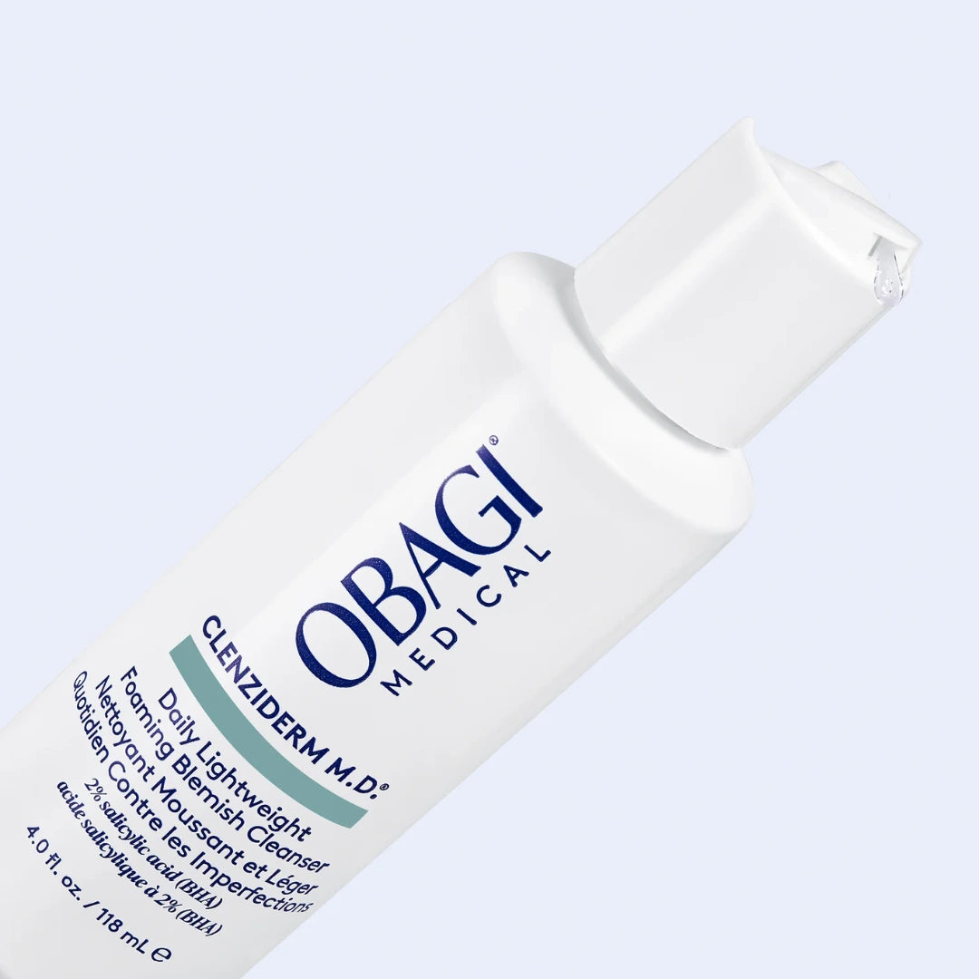 Obagi Medical Daily Lightweight Foaming Blemish Cleanser on a light gray background. New packaging 2026.