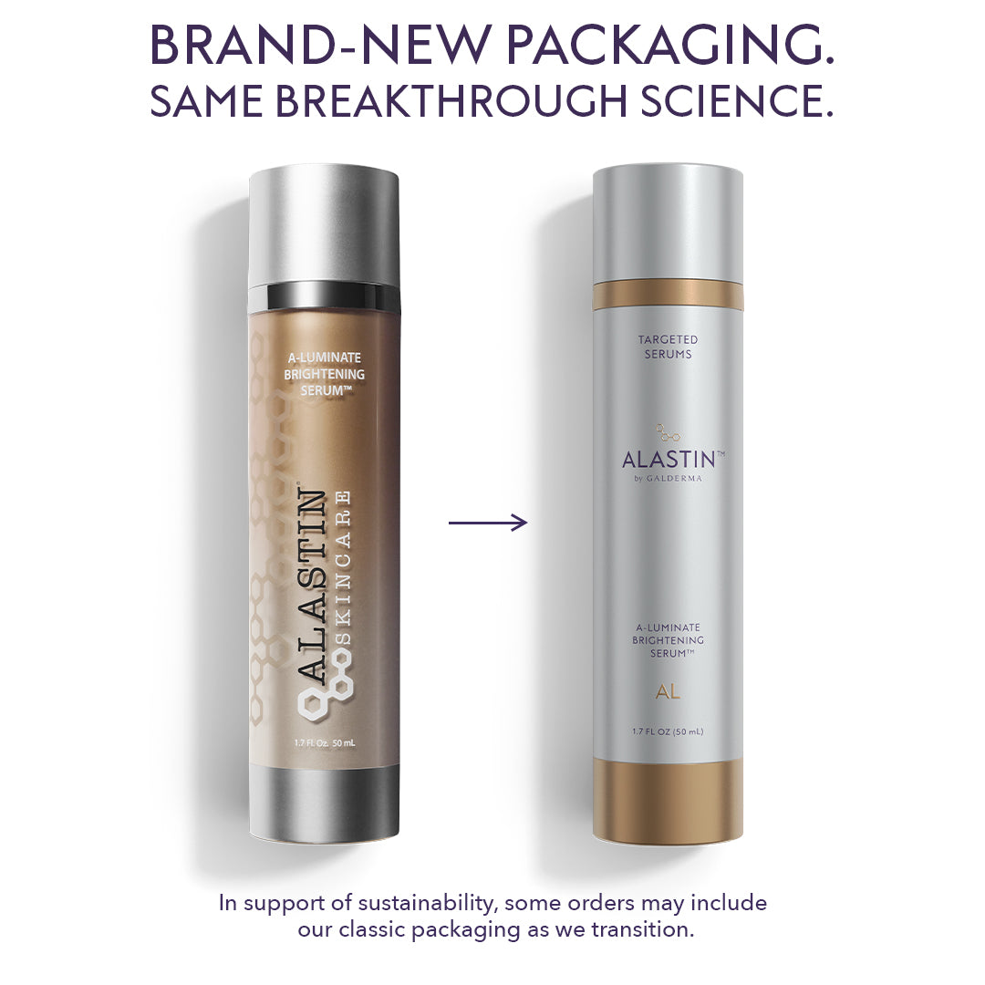 Alastin A-LUMINATE Brightening Serum 50 ml bottle with PATH-3 Technology®, tranexamic acid, and niacinamide with brand-new packaging and same formulation, and messaging on sustainability.