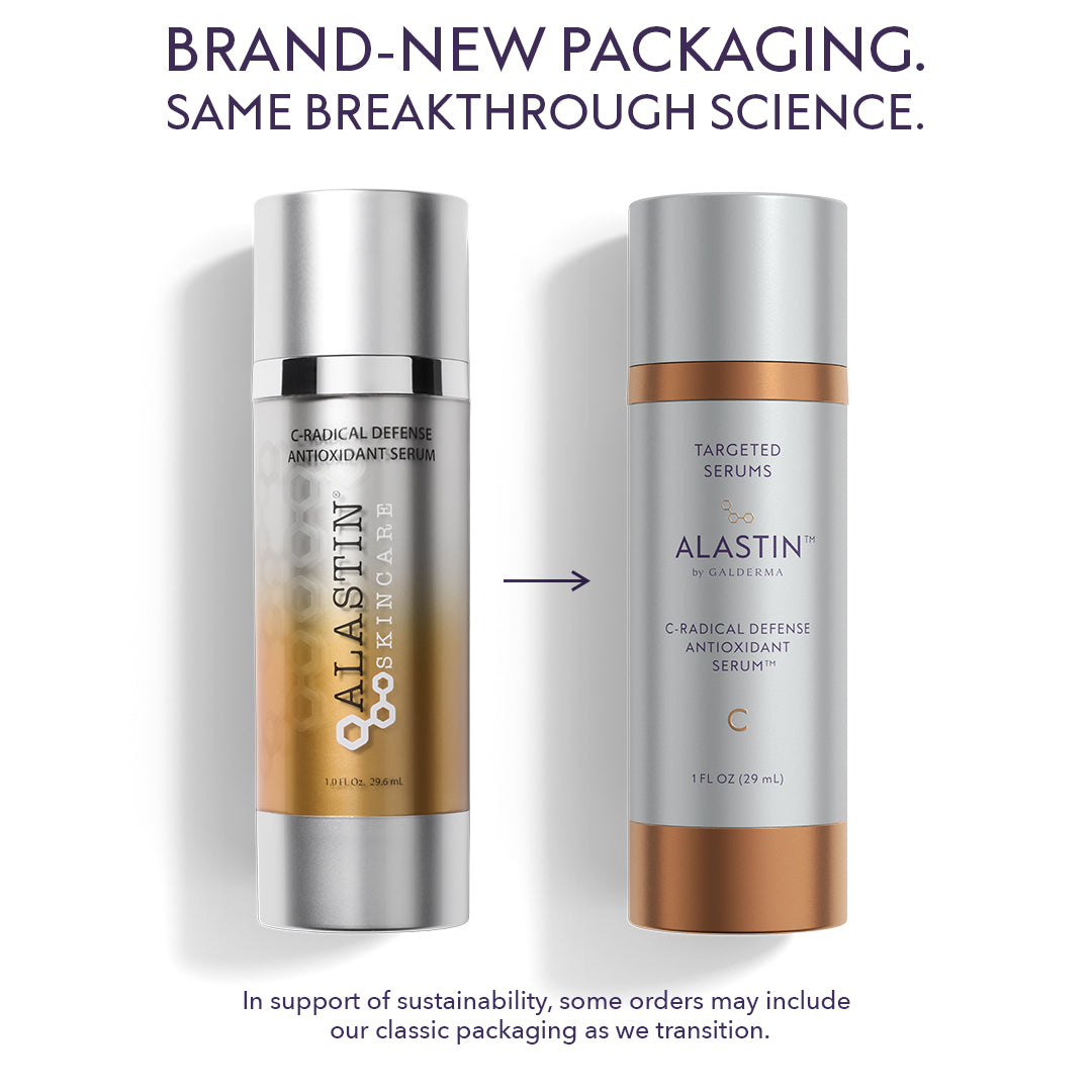 Two Alastin skincare serums with a text overlay about brand-new packaging and breakthrough science.