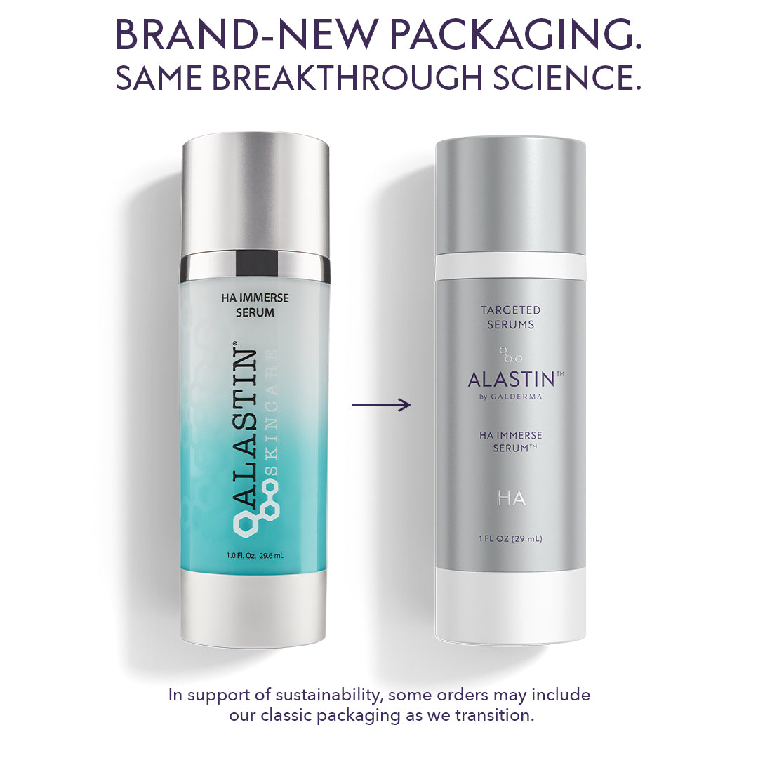 Two cosmetic serum bottles shown on a white background with promotional text. The left bottle has turquoise and white packaging labeled 'ALIASTIN HA IMMERSE SERUM,' and the right bottle has a silver and white packaging labeled 'TARGETED SERUMS ALIASTIN HA.