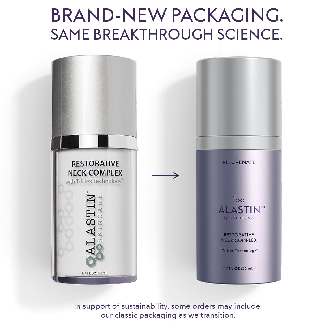 Alastin Restorative Neck Complex 50 ml tube with peptides, niacinamide, ceramides, and flax seed extract with brand-new packaging and same formulation and messaging about sustainability.
