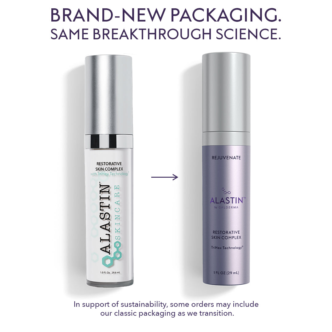 Two Alastin restorative skin complex products with a text overlay about new packaging and breakthrough science.