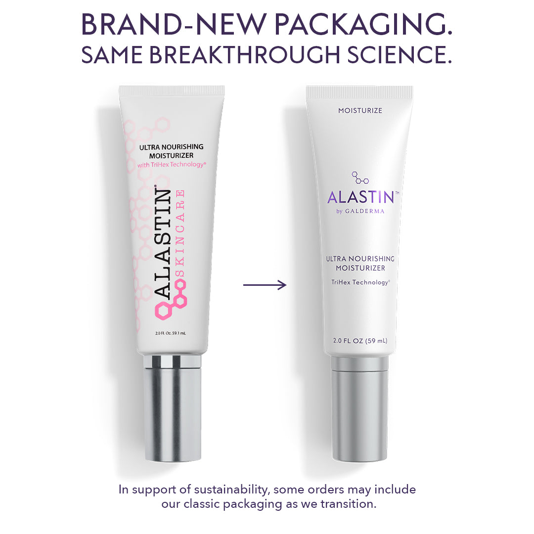 Two tubes of Alastin skincare product with text about new packaging and sustainability.