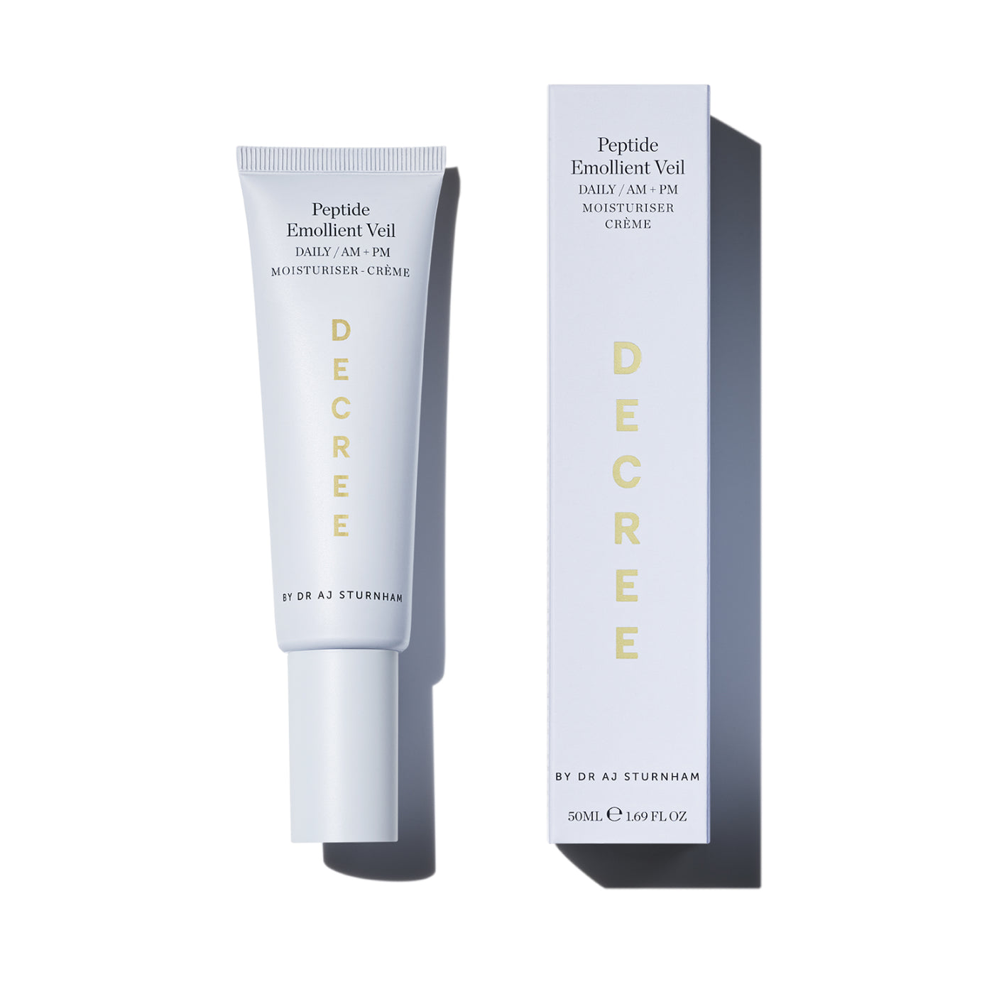 Decree Peptide Emollient Veil moisturizer tube and packaging on a white background. Decree Peptide Emollient Veil daily peptide moisturiser with squalane, hyaluronic acid, and resveratrol.