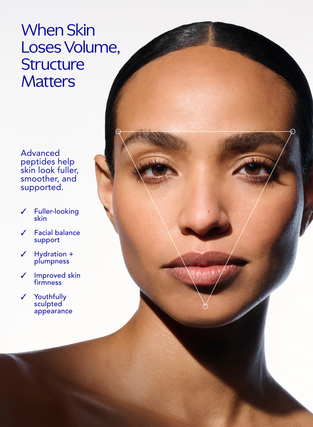 Woman's face with text about skin volume and structure, featuring advanced peptides.