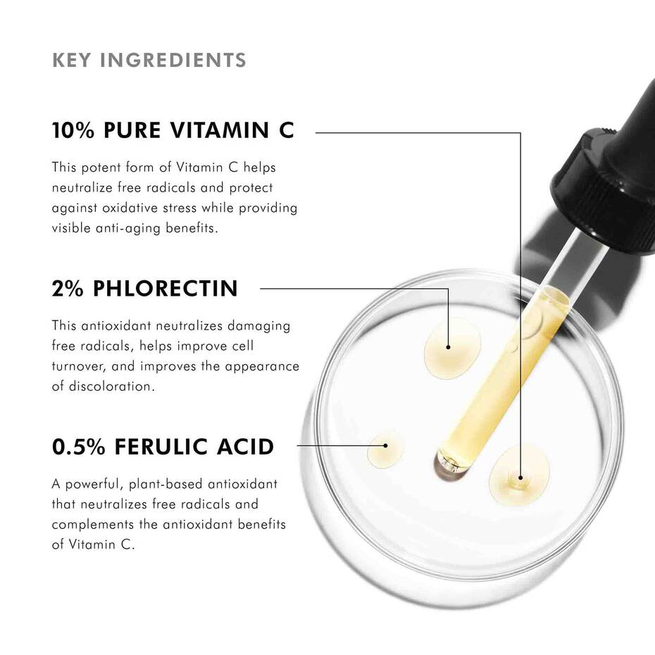 SkinCeuticals Phloretin CF product with key ingredients labeled on a white background