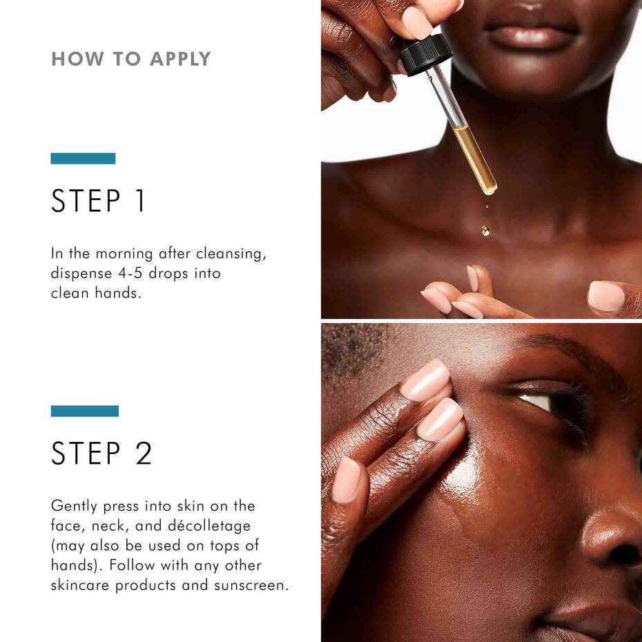 Model applying SkinCeuticals Phloretin CF—morning serum for even tone and radiance.