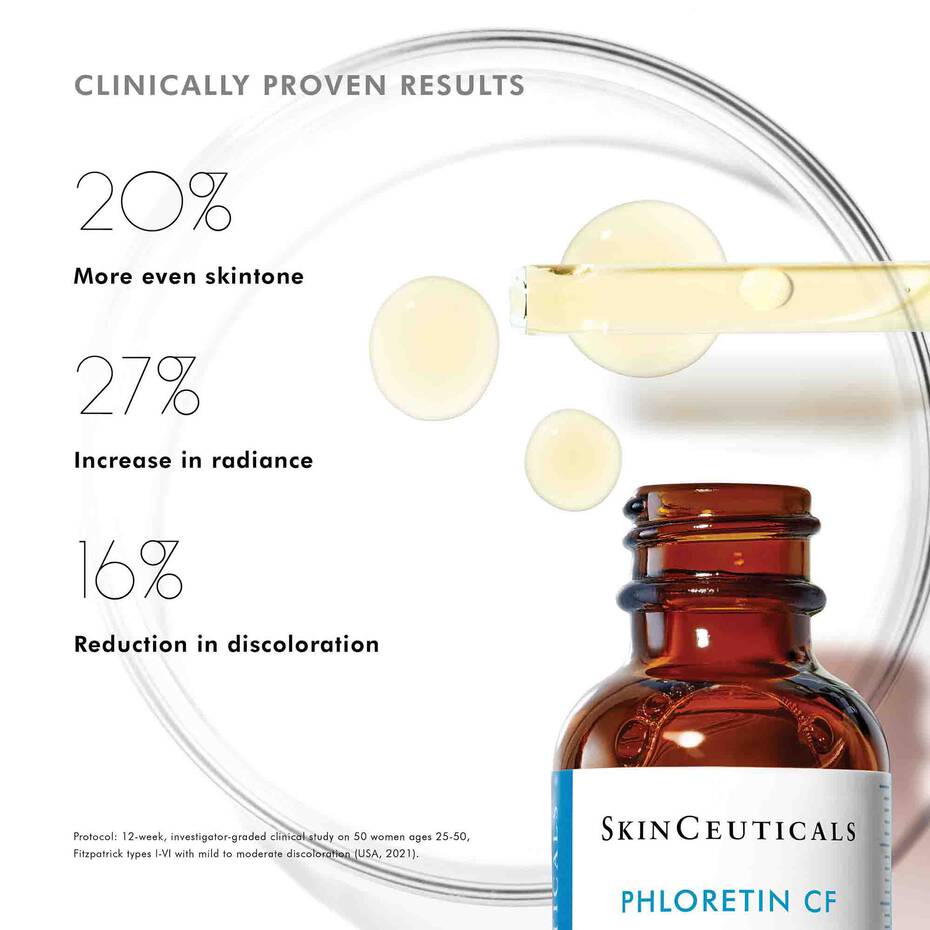 Clinical results with Phloretin CF—smoother texture, even pigmentation, firm skin.