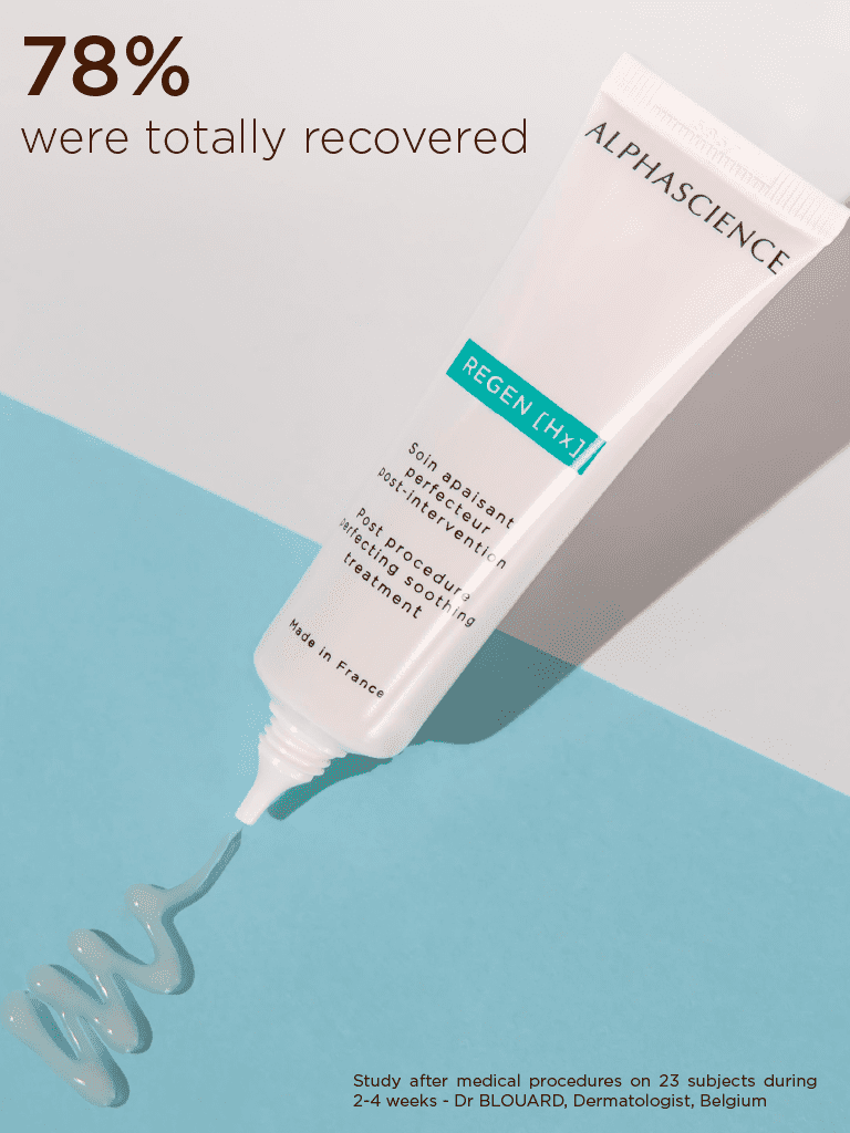 Alphascience REGEN LHS2 skincare product with text about recovery rates on a blue and gray background