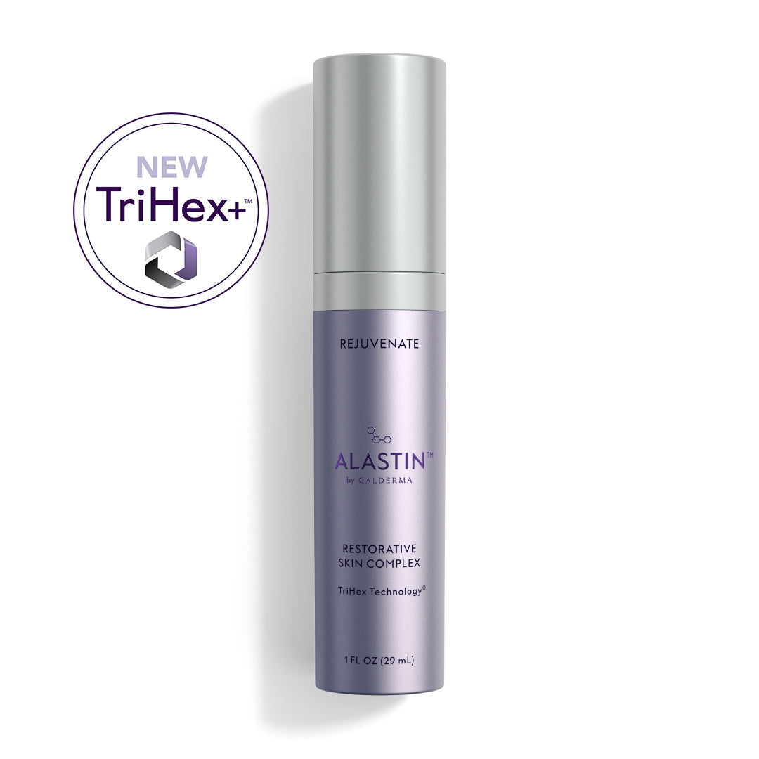 Alastin Restorative Skin Complex with TriHex+ Technology bottle on a clean background, medical-grade anti-aging serum for face and neck