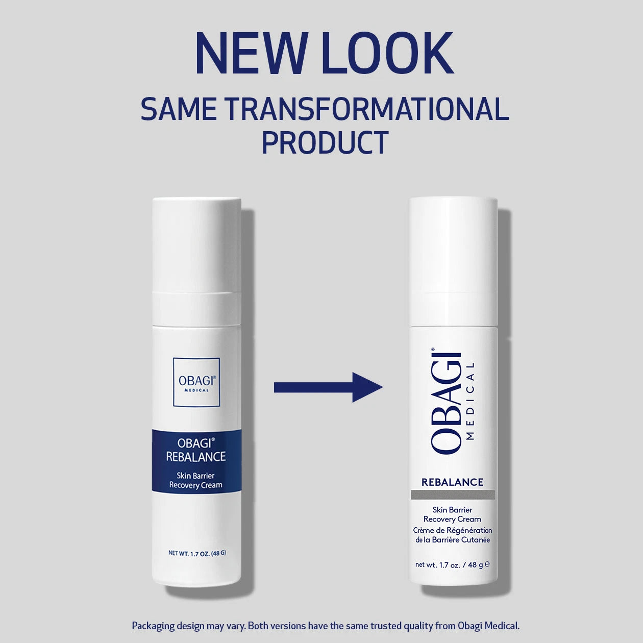 New Obagi Rebalance Skin Barrier Recovery Cream packaging with updated clinical tub design, premium recovery cream for post-procedure and daily barrier support.