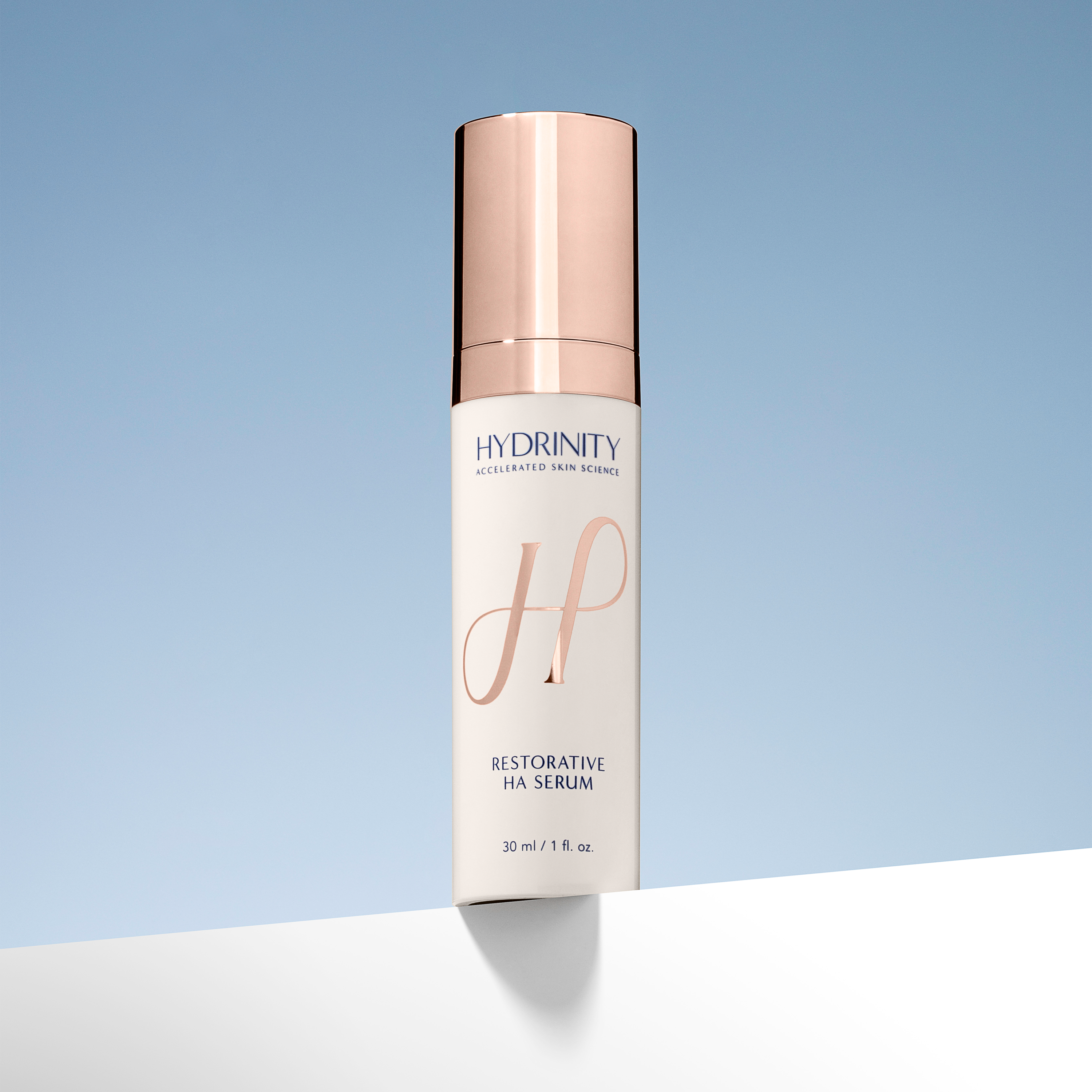 Hydrinity Restorative HA Serum packaging—luxury serum for moisture, elasticity, and radiance.