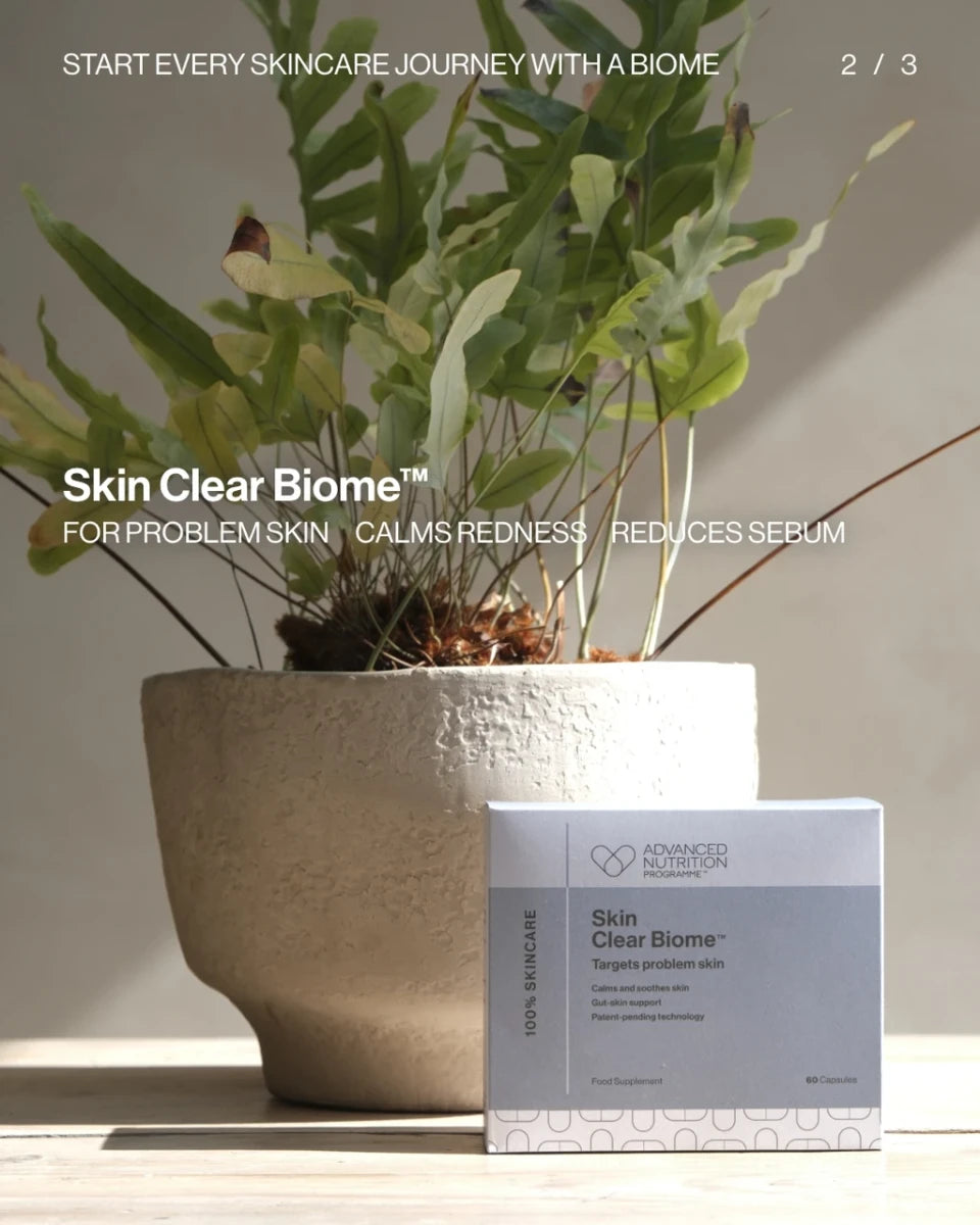 Advanced Nutrition Programme Skin Clear Biome supplement with zinc and live cultures for stressed, problem-prone skin.