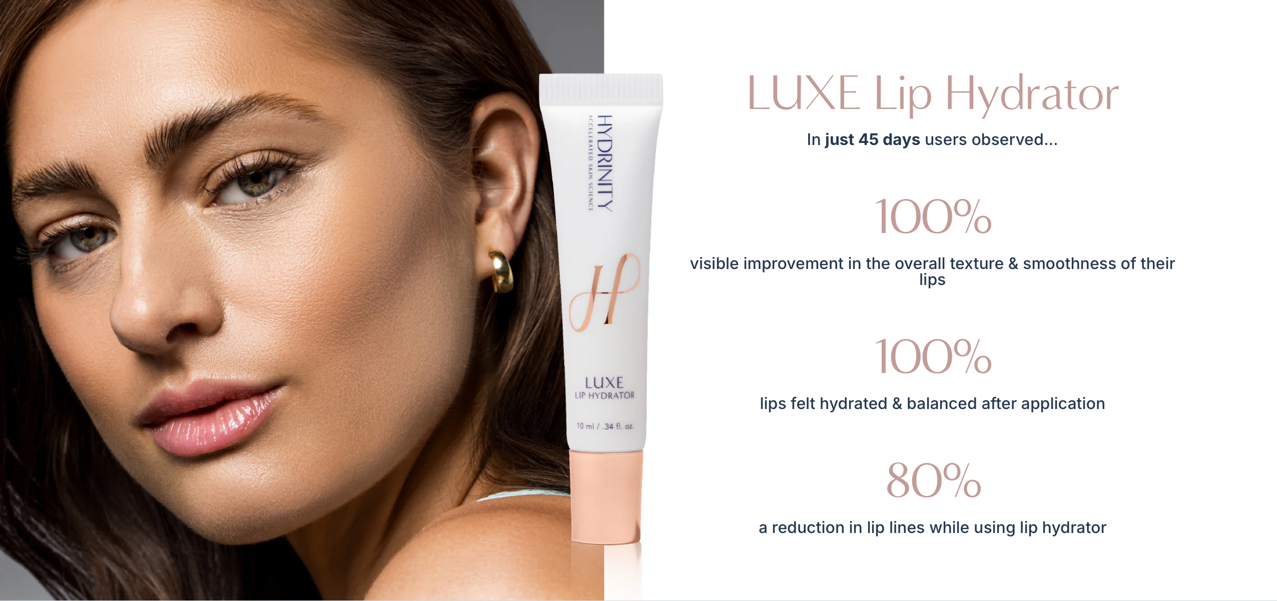 Hydrinity LUXE Lip Hydrator results—silky, non-sticky balm for smoother, fuller lips.