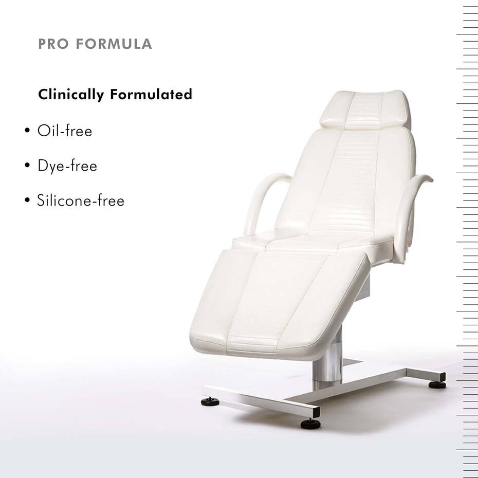 White medical chair with text highlighting 'Clinically Formulated' on a white background for Silymarin CF serum by SkinCeuticals.