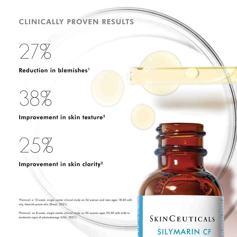 SkinCeuticals Sillymarin CF bottle with clinical improvement statistics on a white background