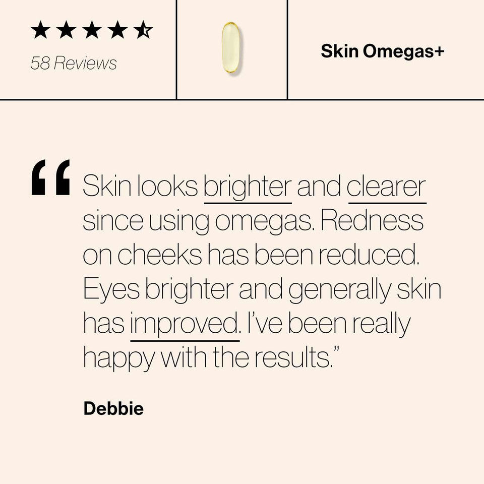 Advanced Nutrition Programme Skin Omegas+ softgels positive review with brighter and clearer skin.