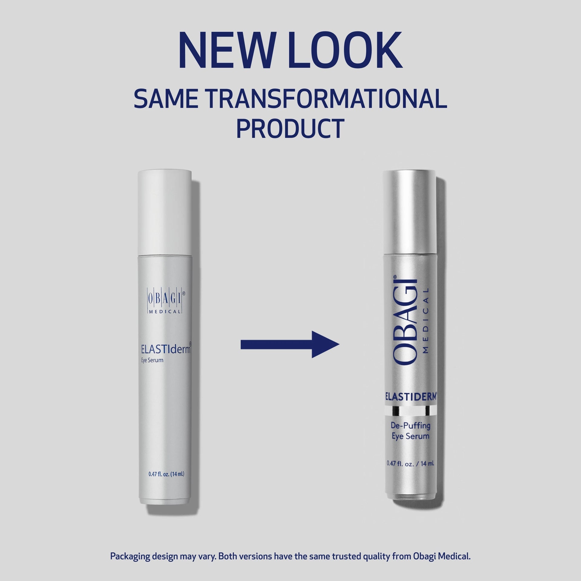 New Obagi ELASTIderm Eye Serum packaging with updated clinical design, premium eye treatment targeting loss of elasticity and tired-looking eyes.