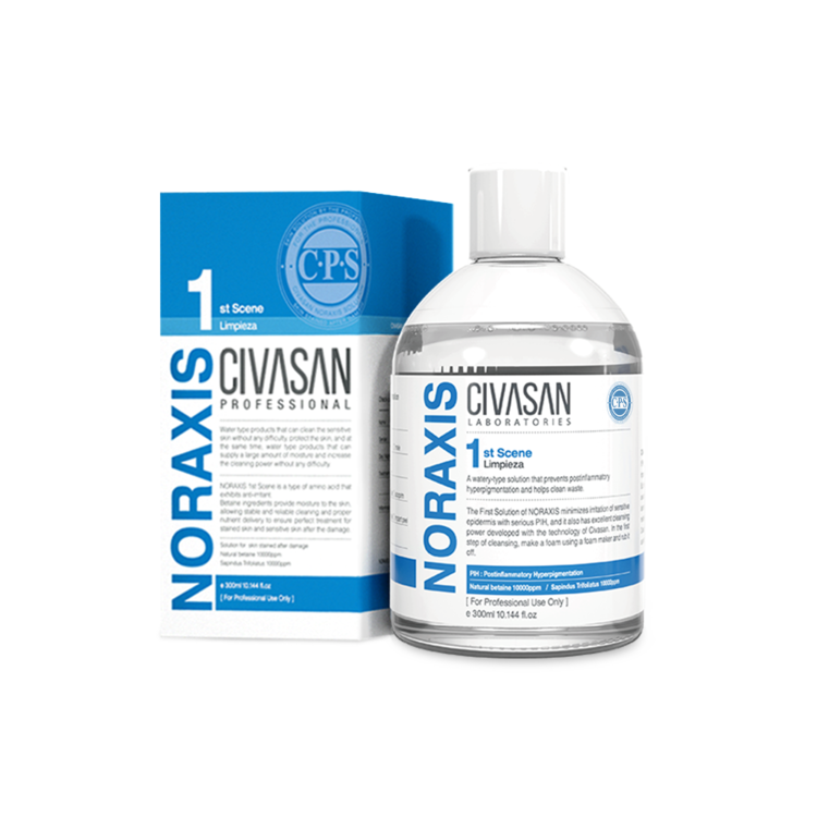 Noraxis First Scene by Civasan—gentle cleansing water for sensitive, post-procedure, or irritated skin.