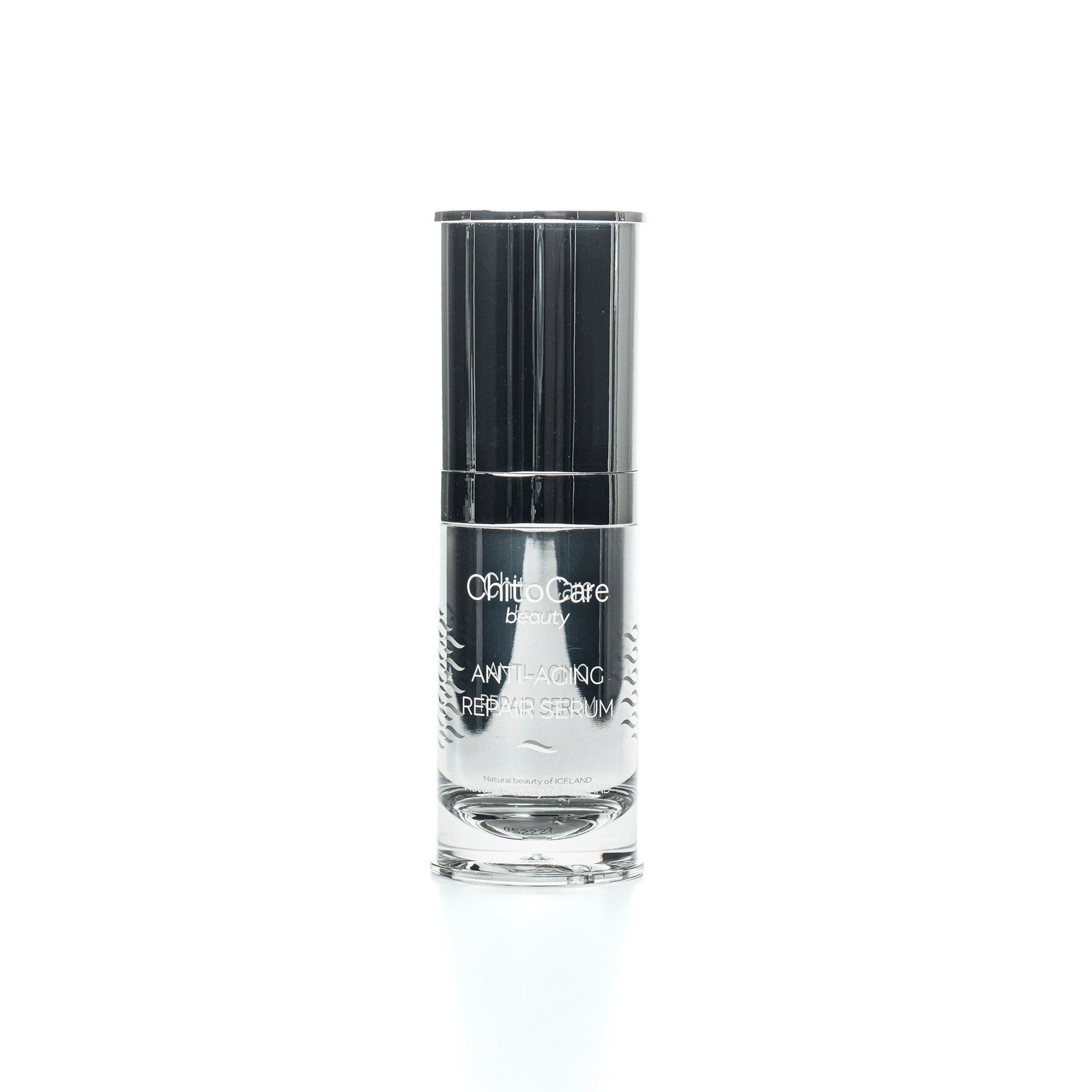 ChitoCare Beauty Anti-Aging Repair Serum bottle on a clean, minimalist background, Icelandic chitosan skincare for fine lines and wrinkles.