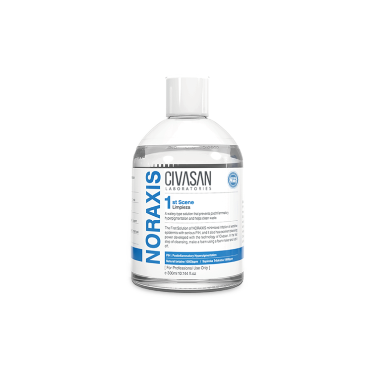 Noraxis First Scene by Civasan—gentle cleansing water for sensitive, post-procedure, or irritated skin.