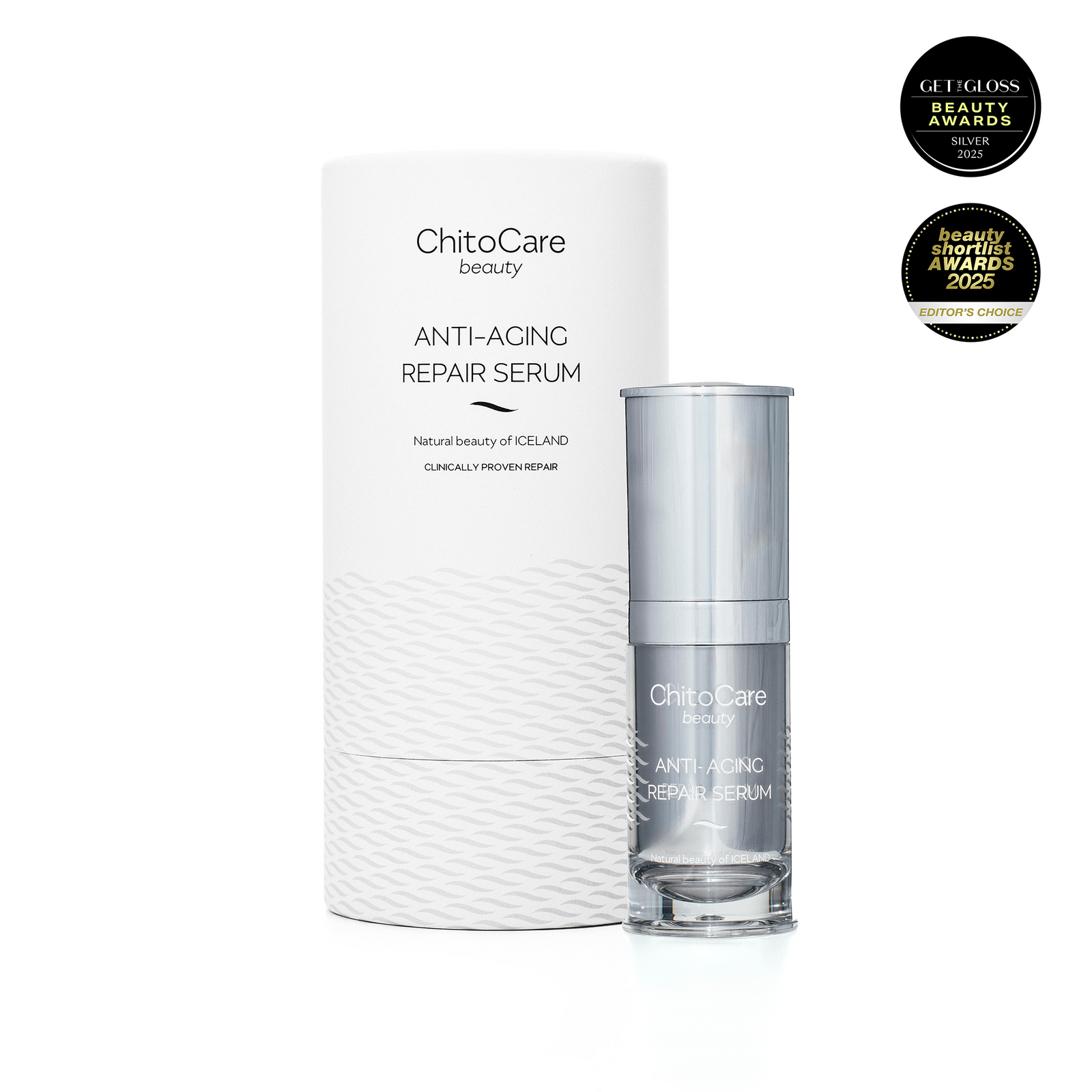 ChitoCare Beauty Anti-Aging Repair Serum shown with its white cylindrical packaging box and a clear glass bottle with a silver cap, on a white background with two award seals in the top right.
