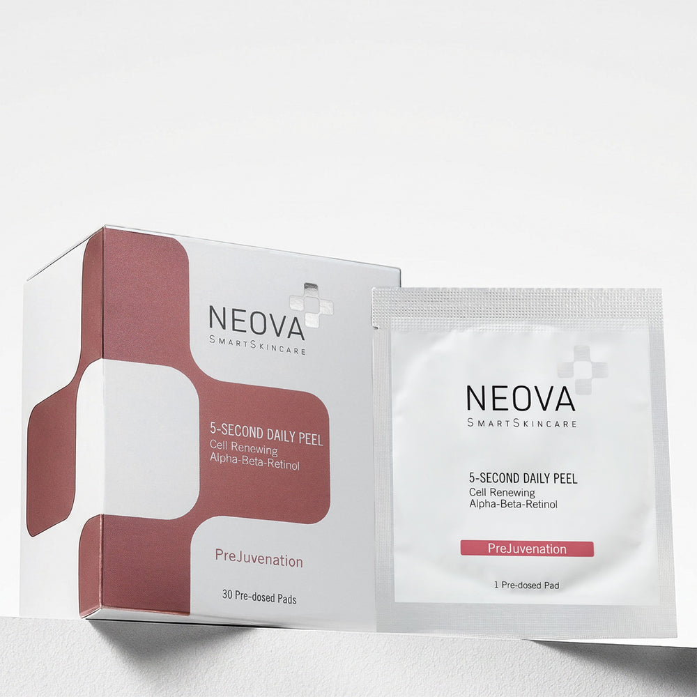 Neova 5-Second Daily Peel packaging on a white background. NEOVA 5-Second Daily Peel individually wrapped exfoliating pad for smoother, brighter-looking skin.