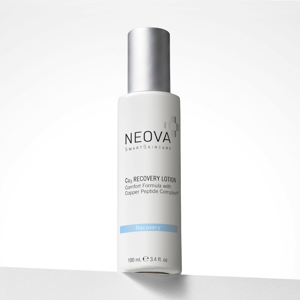 A 100 mL white bottle of NEOVA SmartSkincare Cu3 Recovery Lotion with a metallic silver cap, set against a clean white background with a soft shadow. NEOVA Cu3 Recovery Lotion on a clean background, a copper peptide lotion for soothing and hydrating compromised skin.