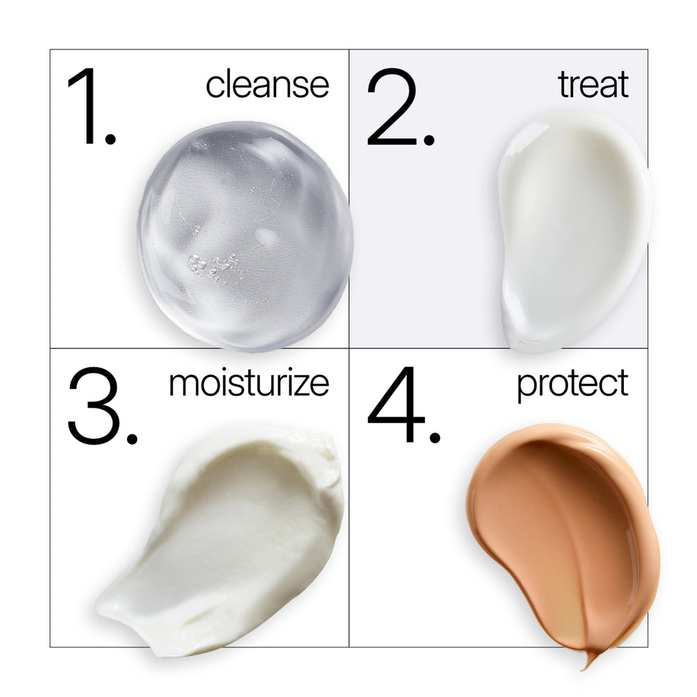 Four-step skincare application diagram on a white background with black numbered labels. NEOVA DNA Total Repair with DNA repair enzymes and antioxidants to improve the visible signs of sun damage, fine lines, and uneven tone.
