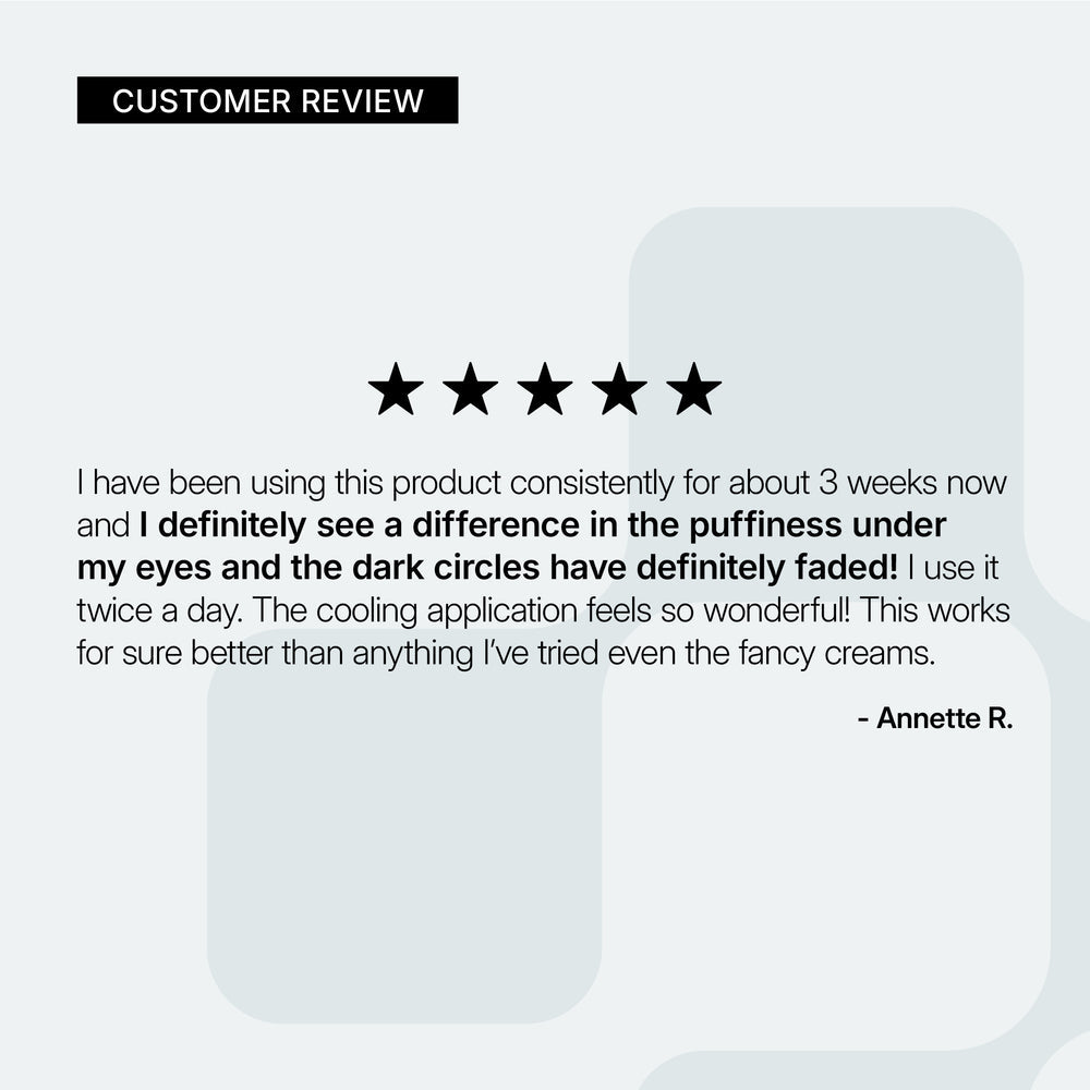 Five-star customer review with Neova Illuminating Eye Balm product application on a white background.
