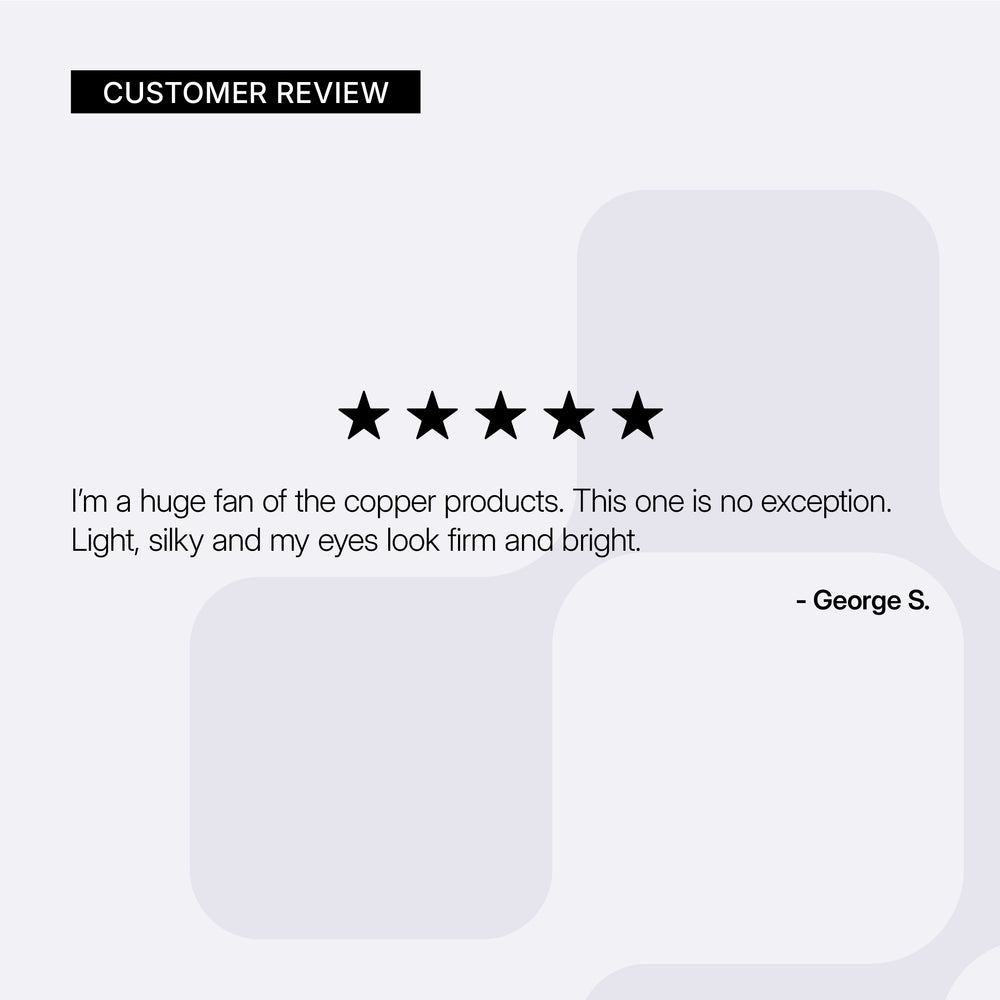 A customer review graphic with a black 'CUSTOMER REVIEW' header, five black stars, a quote from George S., and a light gray background with soft rounded abstract shapes for Neova Super Eye Lift Serum.