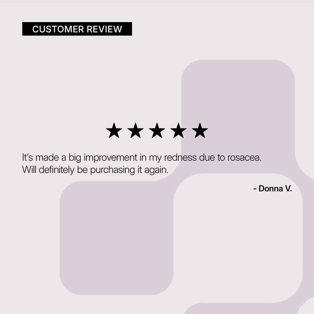 A minimalist customer review graphic on Neova Ultimate Redness Relief with a black 'CUSTOMER REVIEW' header, five black stars, a quote by Donna V., and a light gray background with abstract rounded shape outlines.