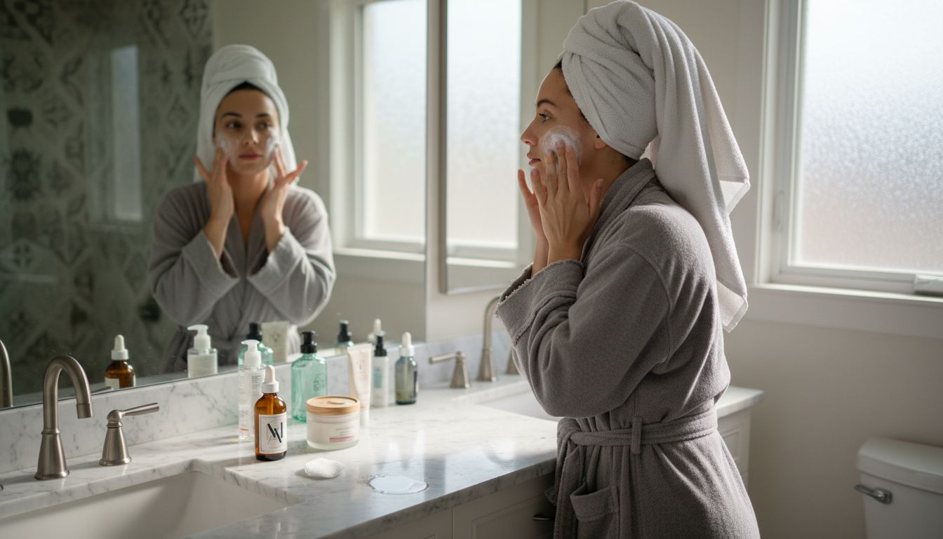 Woman performing morning skin care routine