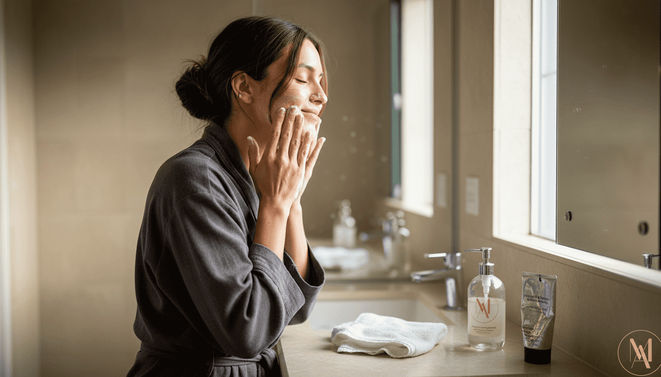 Woman starting daily skincare routine in bathroom