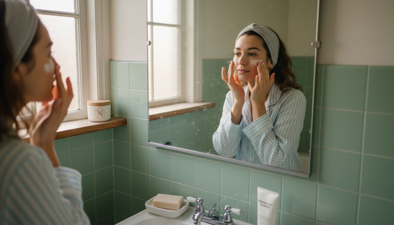 Woman applying moisturizer in vintage bathroom