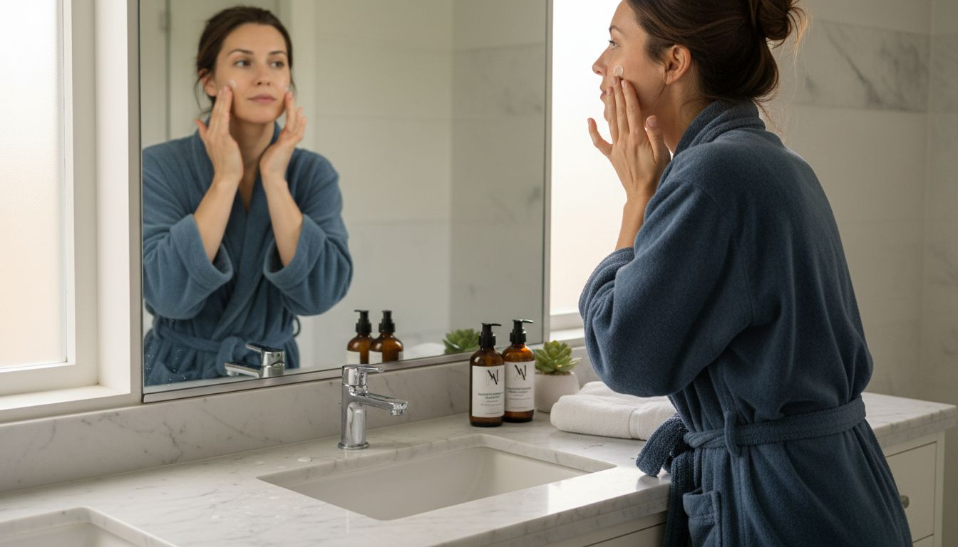 Woman applies skincare at bathroom counter