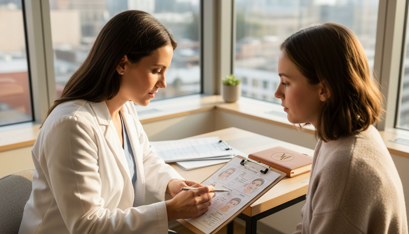 Dermatologist consulting patient in corner office